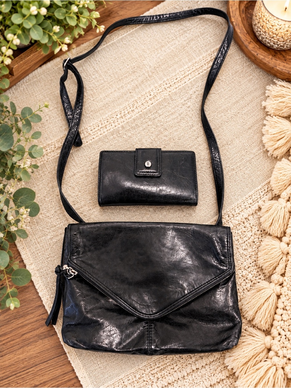 🖤 HOBO Black Leather Crossbody Bag + Matching Wallet Set
